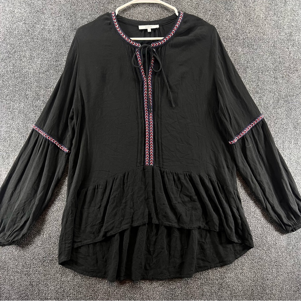 RO & DE Anthropologie Blouse Large Black Tie Neck Ruffle Hem Long Sleeve Stitch